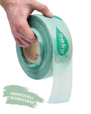 NaKu Absperrband aus Biokunststoff. 100% biologisch abbaubar. Rolle mit Hand.